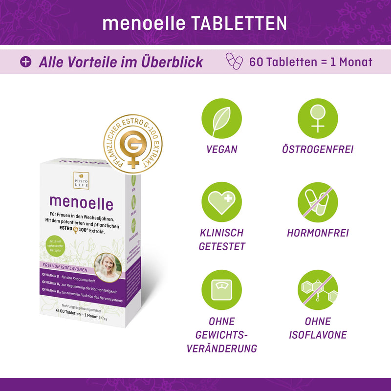 menoelle® menopause tablets, herbal with EstroG-100 extract. For hot flashes, insomnia and other symptoms. Hormone-free, vegan with no side effects. 60 tabs/month. - NewNest Australia
