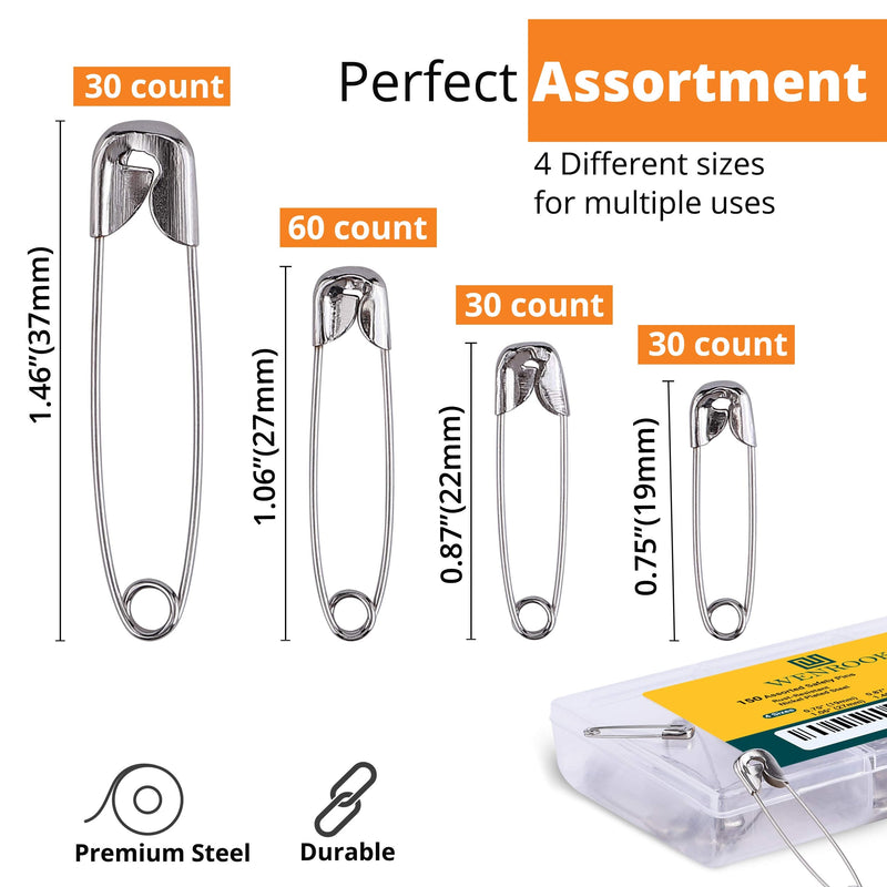 Wenrook Safety Pins Assorted 4-Size Pack of 150 - Strong Nickel Plated Steel, Rust Resistant, Heavy Duty Variety Pack, Perfect for Clothes, Crafts, Sewing, Pinning and More Pack of 150 - (37mm/27mm/22mm/19mm) - NewNest Australia