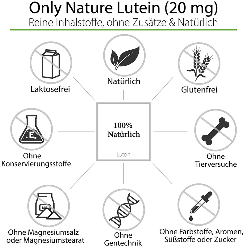 Only Nature Lutein 20 Mg (With 4 Mg Zeaxanthin) - 120 Capsules - Extra High Dose - Produced In Germany & Laboratory Tested Eye Capsules - 100% Vegan - Lutein High Dose - NewNest Australia