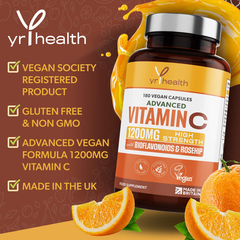 Vitamin C 1200mg Immune Support with Bioflavonoids and Rosehip | 180 Vegan Vitamin C Capsules not Tablets | Slow Release VIT C Ascorbic Acid | Made in The UK by YrHealth - NewNest Australia
