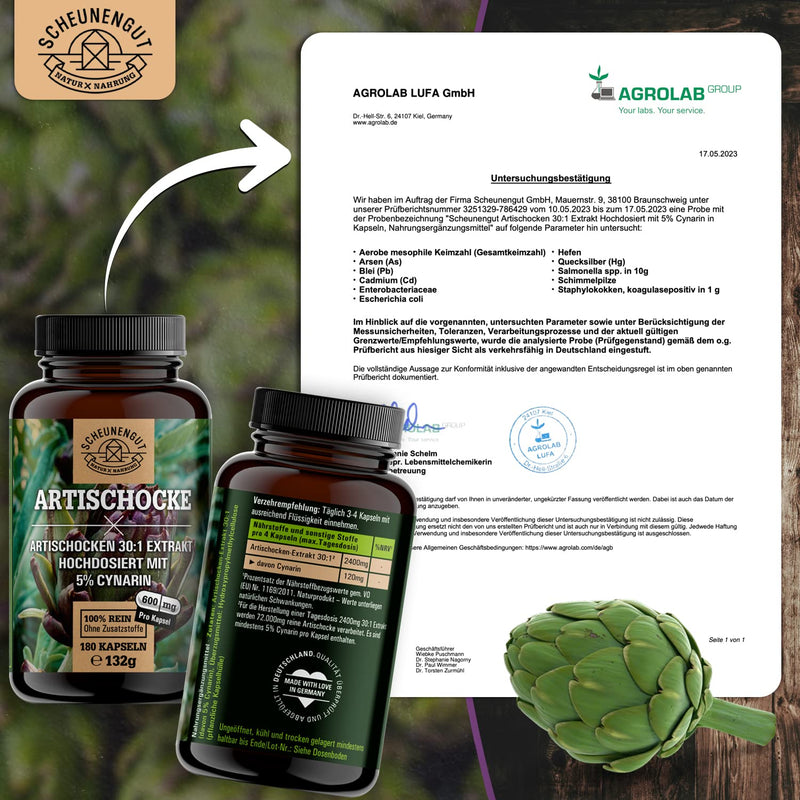 Artichoke Extract - 2400 Mg Daily Dose With 5% Cynarin - Important: 30:1 Extract (= 72000 Mg Artichoke Per Dose) I 180 Artichoke Capsules High Dosage I Laboratory Tested & Vegan I From De I Scheunengut - NewNest Australia
