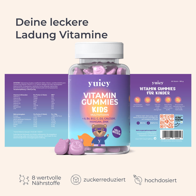 Yuicy Kids Multivitamin Gummy Bears - High Dose Vitamins For Children For A Strong Immune System From 2 Years Vegan, With Calcium, Vitamin C And 6 Other Nutrients. Made In Germany. Pack Of 60 - NewNest Australia
