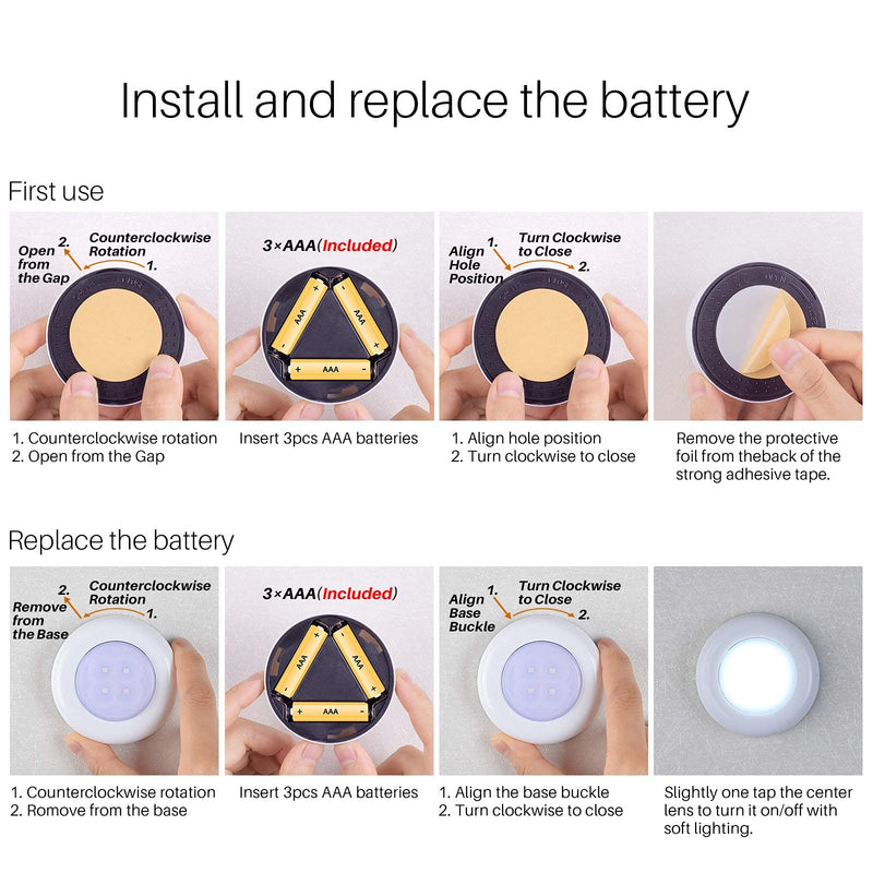 STAR-SPANGLED Tap Light, Push Lights, Stick on Lights Battery Powered Operated, Night Touch Light, Mini LED Puck Lights for Closet, Under Cabinets, Kitchen (Includes 12 Batteries, Cool White, 4 Pack) 4 Pack, Push Control, Include battery - NewNest Australia