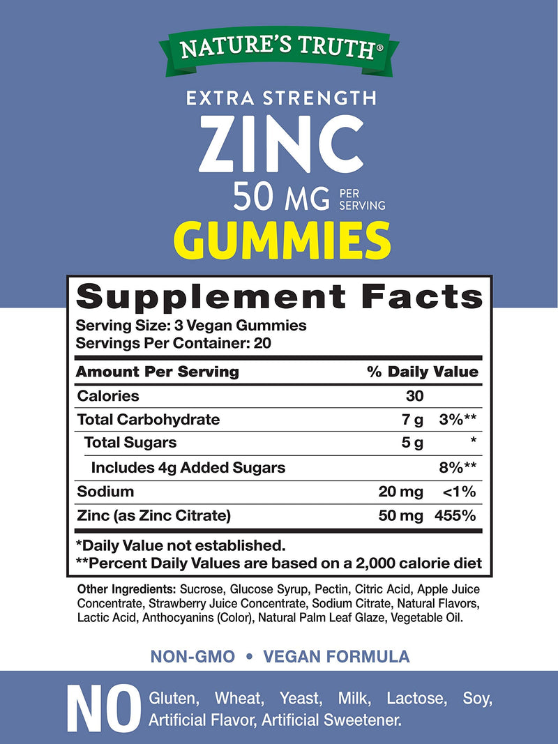 Zinc Gummies | 50mg | 60 Count | Vegan, Non-GMO & Gluten Free Supplement | Mixed Berry Flavor | by Natures Truth - NewNest Australia