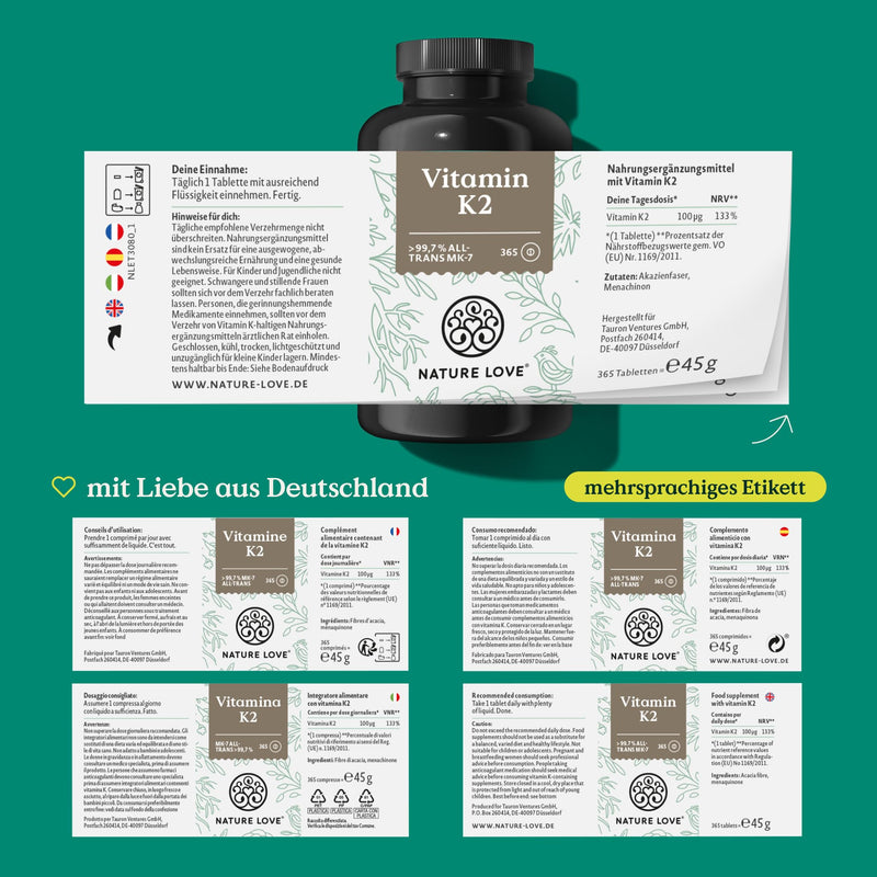 Nature Love Vitamin K2 Mk7-365 Tablets - 100 Œºg Per Tablet - All-Trans Content >99.7% Mk-7 Menaquinone - High Dose, Vegan, Laboratory Tested And Produced In Germany - NewNest Australia