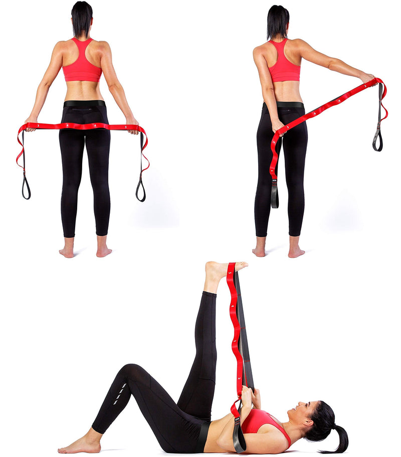 Stretching Strap with Loops for Physical Therapy, Yoga, Exercise and Flexibility - Non Elastic Fitness Stretch Band + Exercise Instructions & Carry Bag by CTRL Sports 10 Loops - Red - NewNest Australia