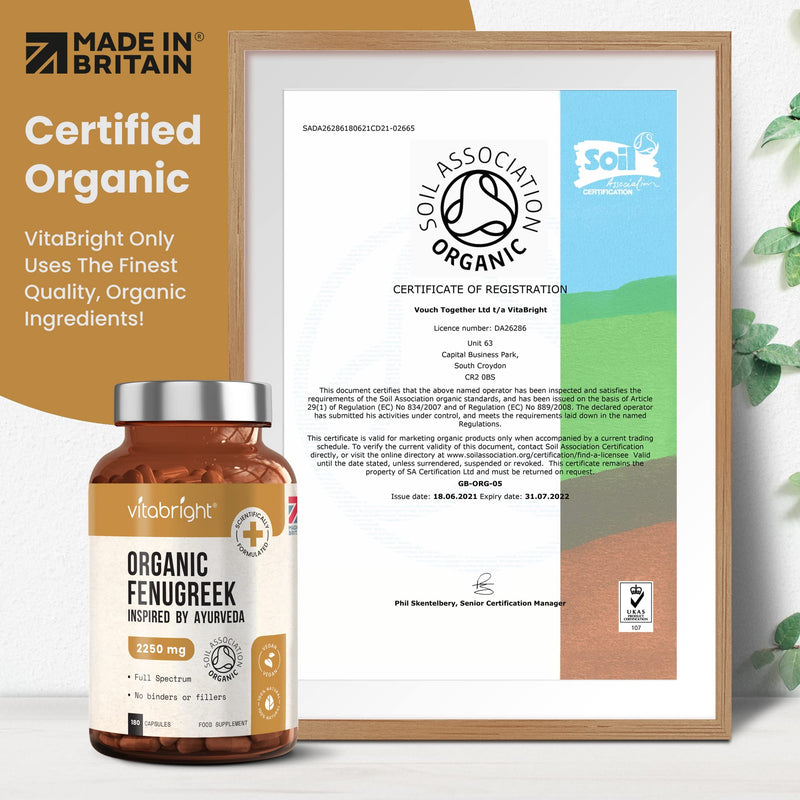 Organic Fenugreek Capsules - 2250mg High Strength - 180 Capsules (60 Day Supply) - Supports Healthy Blood Sugar Levels and Healthy Cholesterol Levels - Vegan - Made in The UK by VitaBright - NewNest Australia