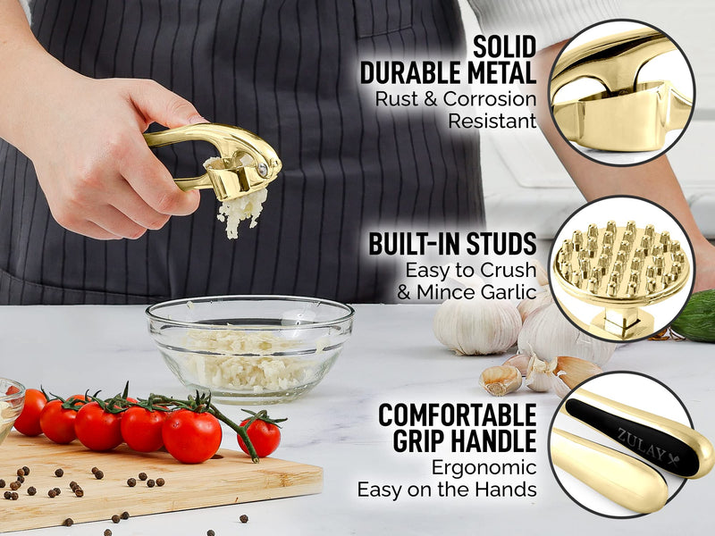 Zulay Kitchen Garlic Press With Soft, Easy To Squeeze Ergonomic Handle - Garlic Mincer Tool With Sturdy Design Extracts More Garlic Paste - Easy To Clean Garlic Crusher And Ginger Press (Gold) Gold - NewNest Australia