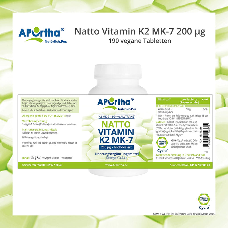 APOrtha Vitamin K2 MK7 200 µg 99+% ALL-Trans, 190 tablets high-dose vegan, high-quality Natto K2 vitamin easy to swallow dietary supplement Vit K2, vitamin K 2 alternative to K2 drops capsules - NewNest Australia