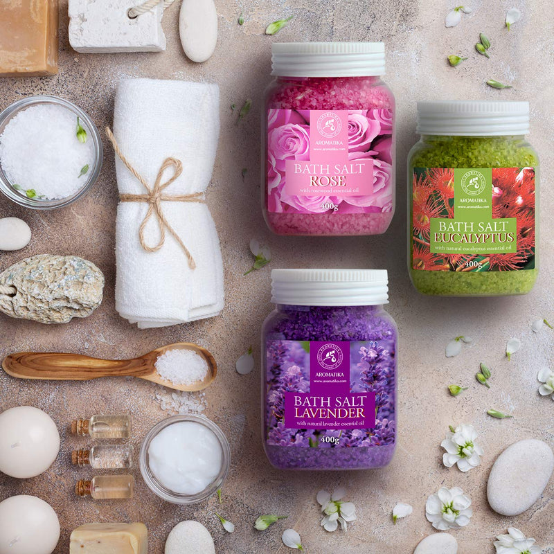 Bath Salts Set 3x400g - Lavender - Rose - Eucalyptus - 100% Natural Essential Oil - Best for Good Sleep - Stress Relief - Bathing - Body Care - Wellness - Beauty - Relaxation - Spa - NewNest Australia