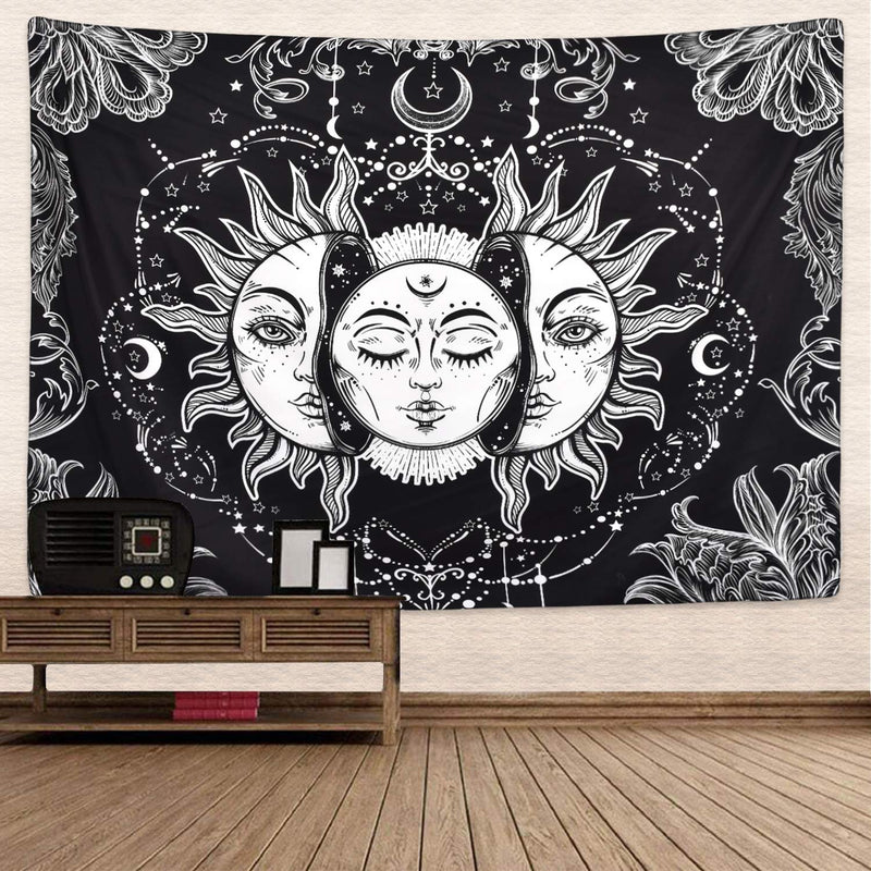 NewNest Australia - Sun and Moon Tapestry Black and White Burning Sun with Stars Tapestry Psychedelic Tapestry Indian Tapestry for Room 51.2" x 59.1" 