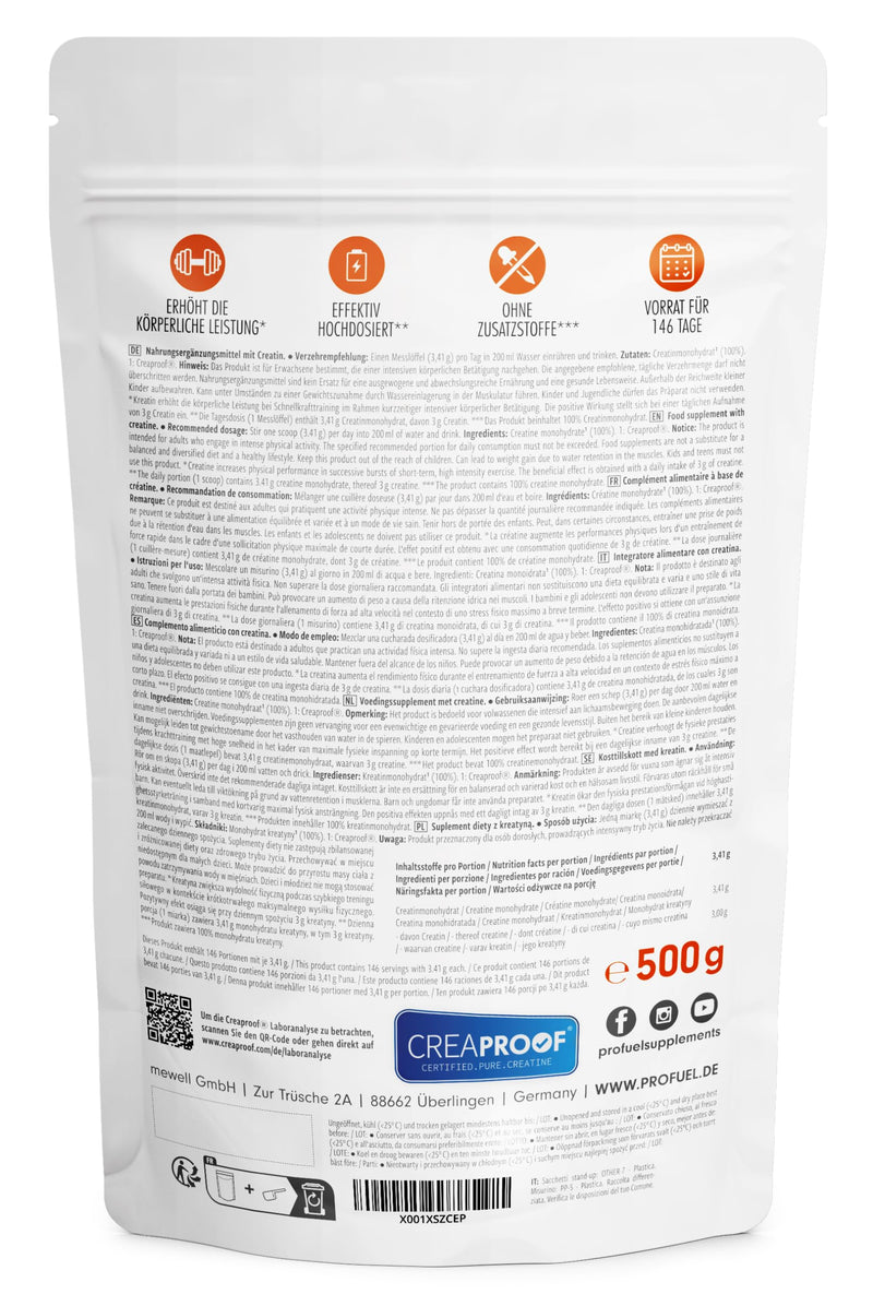 CREAPROOF® Creatine Monohydrate 500g - Creatine with the highest purity - confirmed by independent laboratory analysis - Creatine monohydrate free of heavy metals or harmful substances - Premium Creatine Powder 1x 500g Creaproof® Creatine - NewNest Australia