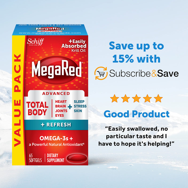 Omega-3 Blend Total Body + Refresh 500mg Softgels, MegaRed (65 count in a bottle), Easily Absorbed Krill Oil, To Support Your Heart, Joints, Brain & Eyes Total Body Refresh - NewNest Australia