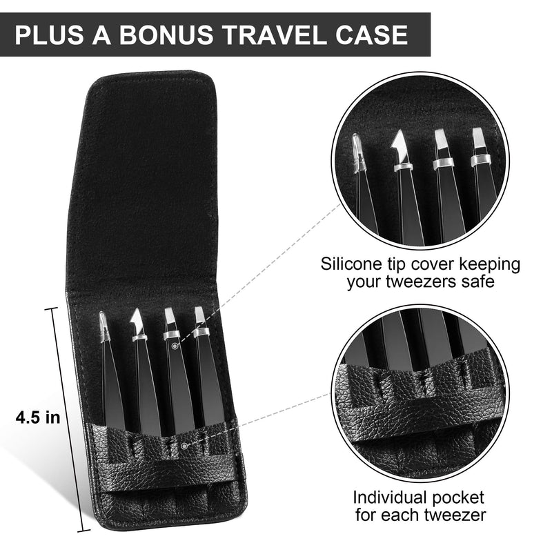 Upmore 4 x Tweezers Set Stainless Steel - Black Eyebrow Tweezers Set Scissors Tweezers Straight Slanted Pointed Tweezers for Men and Women - NewNest Australia