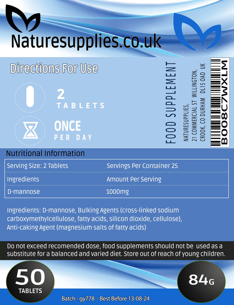 D-mannose Tablets 1000mg - Coated Tablet Easy to Swallow Longer Shelf Life 50 Pack - Suitable for Vegetarians and Vegans, A Premium Mannose Supplement from Naturesupplies - NewNest Australia