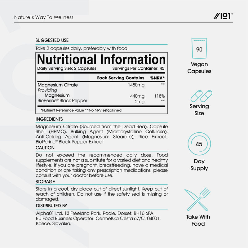 Magnesium Citrate 1480mg with BioPerine® - Sourced from The Dead Sea - Providing 440mg Elemental Magnesium - Supports The Nervous System - Reduces Tiredness and Fatigue - 90 Vegan Capsules 90 Count (Pack of 1) - NewNest Australia