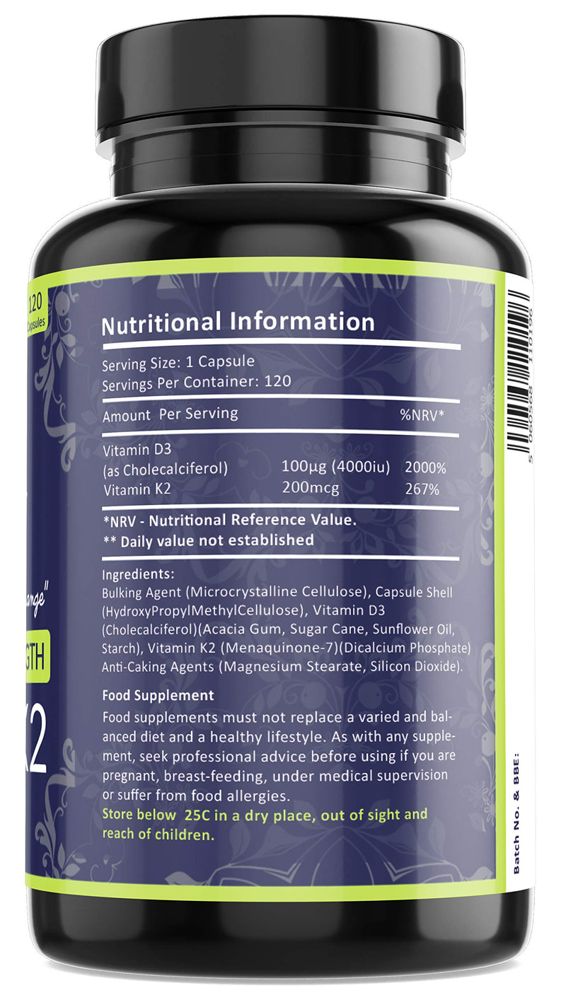 Vitamin D3 4000 IU and Vitamin K2 200μg MK7 - Vitamin D3 K2 High Strength Supplement - 120 Capsules 4 Month Supply Cholecalciferol - K2 Menaquinone-7 - Made in The UK - NewNest Australia
