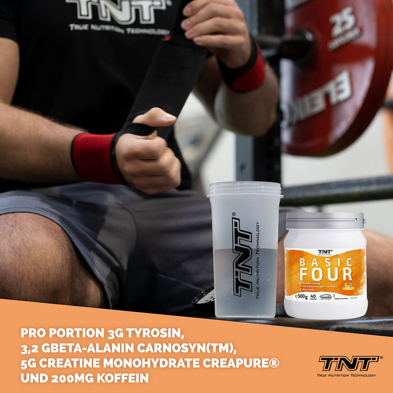 TNT Basic Four Peach-Passion Fruit (500g) • Pre Workout Booster • With Creapure® creatine monohydrate, tyrosine, beta-alanine • Training booster - NewNest Australia