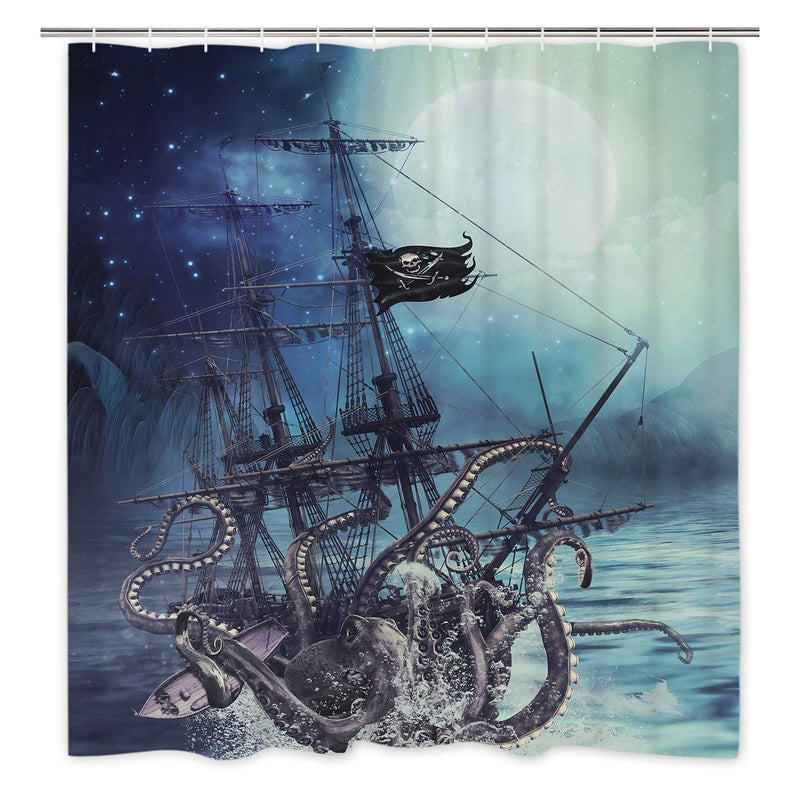 Octopus Shower Curtain Ocean Kraken Attack Nautical Pirate Ship Shower Curtain with 12 Hooks, Octopus Tentacles Sailboat Wave Mountain Under Moon Starry Sky Shower Curtain, Waterproof Durable A Octopus Ship 70" L x 69" W - NewNest Australia