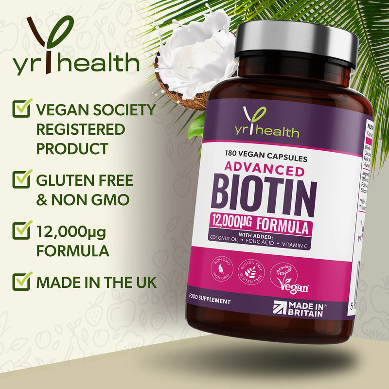 Biotin Hair Growth Supplement 12,000mcg with Coconut Oil, Vitamin C & Folic Acid - 180 Vegan Capsules Hair Vitamin b7 Biotin Nails Hair and Skin for Men and Women - Made in UK by YrHealth - NewNest Australia