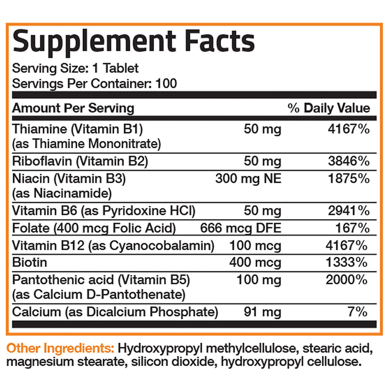 Bronson Super B Vitamin B Complex Sustained Slow Release (Vitamin B1, B2, B3, B6, B9 - Folic Acid, B12) Contains All B Vitamins 100 Tablets 100 Count (Pack of 1) - NewNest Australia