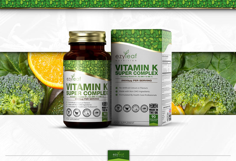 Ezyleaf Vitamin K Super Complex | With Vitamin K2 MK7 and Vitamin K2 MK4 | 90 Vitamin K and Vitamin K2 MK-7 Vegan Capsules - 1500μg Vitamin K1 | Non-GMO, Gluten & Dairy Free | Made in the UK - NewNest Australia