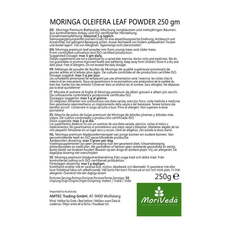 Moriveda Moringa Powder 250G I Vegan And Gluten-Free I Microfine Oleifera Leaf Powder Contains Vitamins, Proteins, Amino Acids, Micronutrients With The Highest Bioavailability I 1 X 250 G 250 G (Pack Of 1) - NewNest Australia