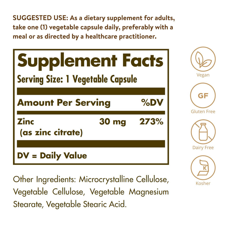 Solgar Zinc Citrate 30 mg, 100 Vegetable Capsules - Zinc for Healthy Skin, Taste & Vision - Immune System & Antioxidant Support - Citrate Form for Optimal Absorption - Non GMO, Vegan - 100 Servings - NewNest Australia