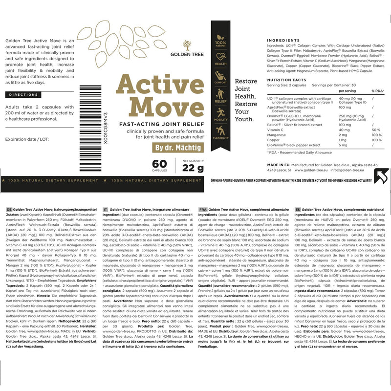 Golden Tree Active Move  Natural joint care product: Increases flexibility/mobility of the joints, relieves joint pain  Boswellia, hyaluronic acid, Belinal, vitamin C, manganese, copper, pepper - NewNest Australia
