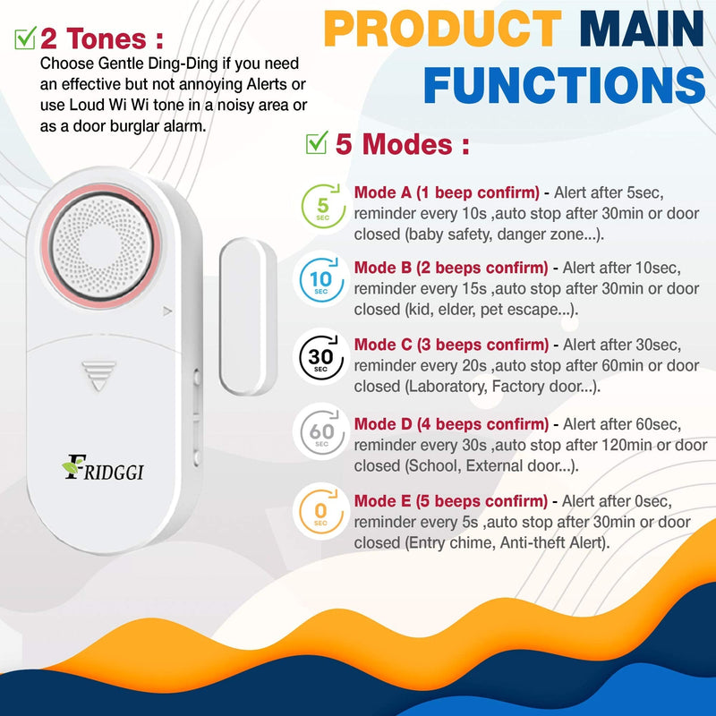 3in1 Alarm - Door Alarm with Delay 80 to 120 dB, Close Door Reminder, Time Delay Door Chime, Multiple Delays 0, 5, 10, 30, 60 Seconds. (White) White - NewNest Australia