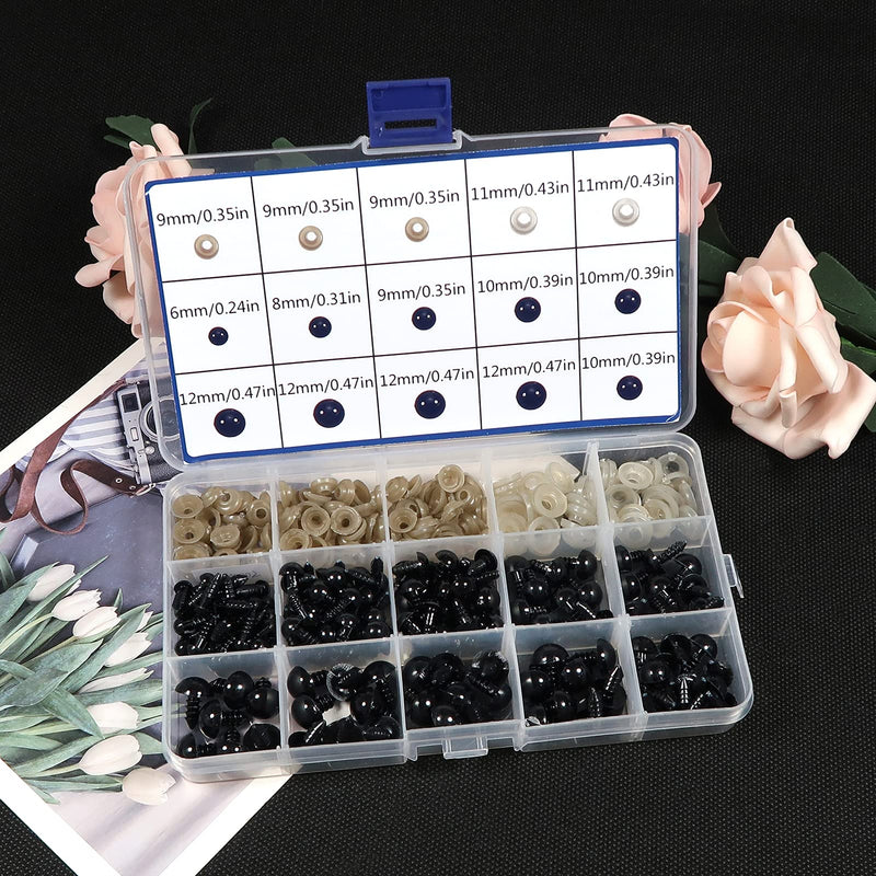 TOAOB 150pcs Black Plastic Safety Eyes with Washers 6mm 8mm 9mm 10mm 12mm Craft Doll Eyes for Amigurumis Crochet and Stuffed Animals Bears Making - NewNest Australia