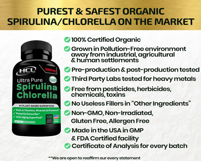 Chlorella Spirulina Powder Capsules Organic - 3000 mg of BMAA Free Purest Blue Green Algae - Best Raw Vegan Protein Green Superfood Broken Cell Wall – Made in USA - NewNest Australia