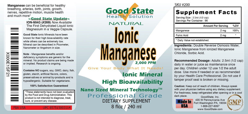 Good State Liquid Ionic Manganese (96 servings at 2 mg elemental, plus 2 mg fulvic acid - 8 fl oz) - NewNest Australia