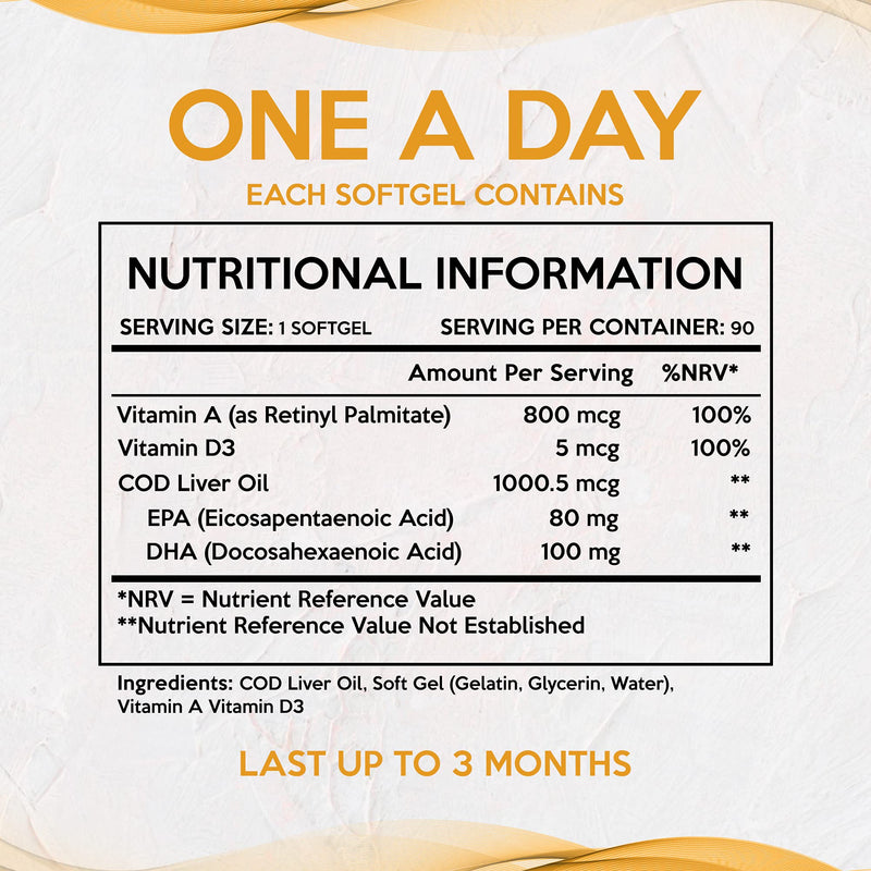 Cod Liver Oil Capsules 1000mg - Rich in Omega 3 EPA DHA Fatty Acids + Vitamins A & D - Helps Maintain Heart & Brain Health - High Strength Fish Oils Gluten-Free, GMP - UK Made, 90 Tablets - NewNest Australia