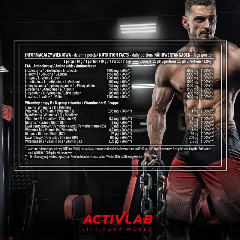 Activlab EAA XTRA 500g Orange| 7.95g EAA, 100% daily requirement, 50 servings, muscle regeneration, powder All 8 essential exogenous amino acids, B group vitamins, training drink, measuring cup - NewNest Australia