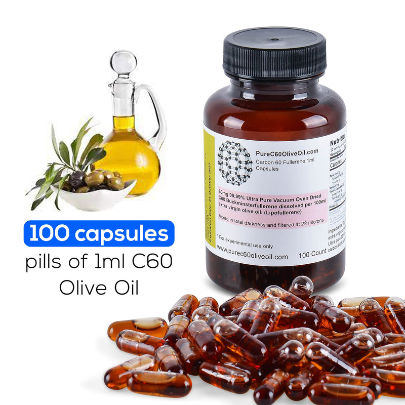 PureC60OliveOil C60 Olive Oil Capsules Pills 100ml / 3.4 Fl Oz - 99.99% Carbon 60 Solvent Free 80mg - Food Grade - Carbon 60 Olive Oil - From The Leading Global Producer - NewNest Australia