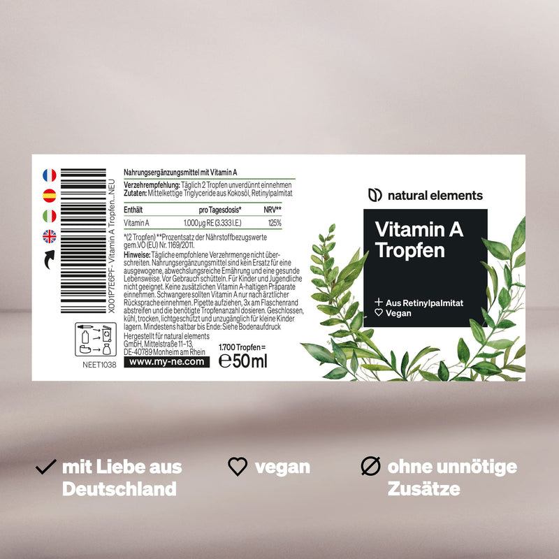 Vitamin A drops - 50 ml (1700 drops) - Vitamin A (retinyl palmitate) dissolved in MCT coconut oil - vegan, high dosage, without unnecessary additives - produced in Germany & laboratory tested - NewNest Australia