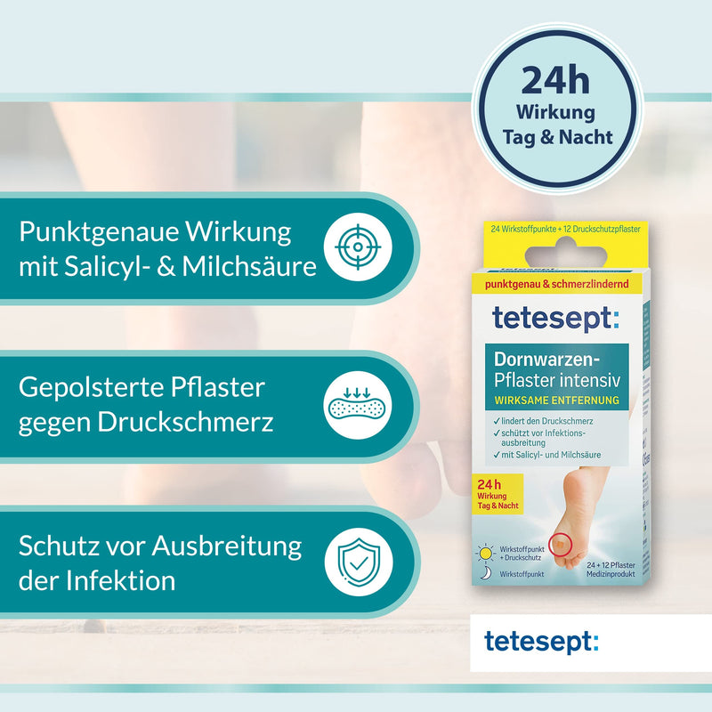 Tetesept Thorn Warts Intensive Plasters - Born Warts Plasters For Effective Removal - Effective With Lactic And Salicylic Acid - 2 X 12 Active Ingredient Points + 12 Pressure Protection Plasters - NewNest Australia