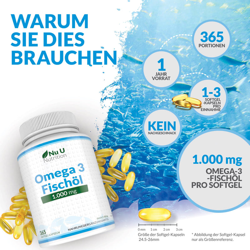 Omega 3 Fish Oil 1000mg - 365 Softgel Capsules - Pure Fish Oil from Sustainable Fishing - 900mg EPA & DHA per dose - Nu U Nutrition - NewNest Australia