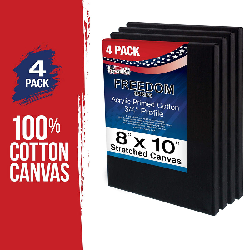 U.S. Art Supply 8 x 10 inch Stretched Canvas 12-Ounce Primed 4-Pack - Professional Black Blank 3/4" Profile Heavy-Weight Gesso Acid Free Bulk Pack - Painting, Acrylic Pouring, Oil Paint 8" x 10" - NewNest Australia