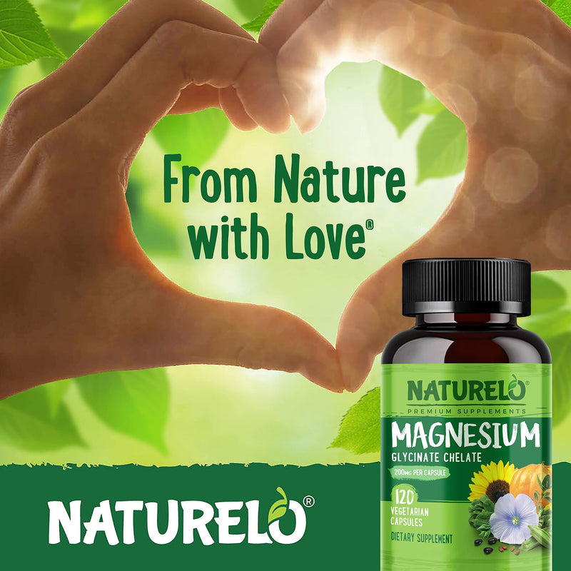 NATURELO Magnesium Glycinate Supplement - 200 mg Glycinate Chelate with Organic Vegetables to Support Sleep, Calm, Muscle Cramp & Stress Relief – Gluten Free, Non GMO - 120 Capsules 120 Count (Pack of 1) - NewNest Australia