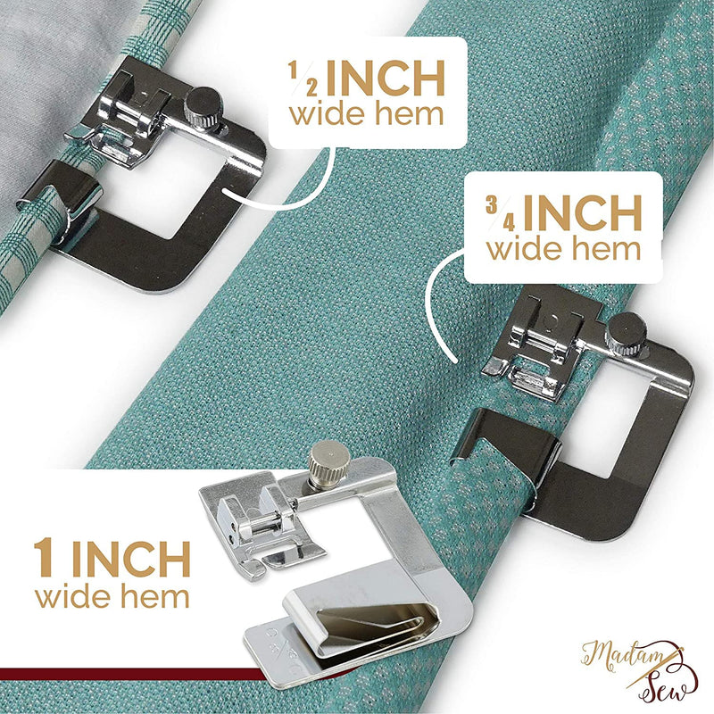 Madam Sew Rolled Hem Presser Foot Set – 3 Piece Wide Hemmer Foot Kit Includes 1/2”, 3/4" and 1” Presser Feet – Compatible with Singer, Brother, Babylock, Euro-Pro, Janome and More - NewNest Australia
