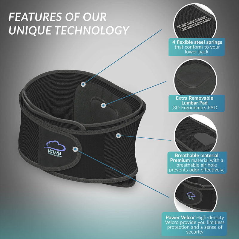 MODVEL Back Brace - Immediate Relief from Back Pain, Herniated Disc, Sciatica, Scoliosis | FSA or HSA eligible | Breathable Waist Lumbar Lower Back Support Belt with Removable Pad. Black Small/Medium/Large - NewNest Australia