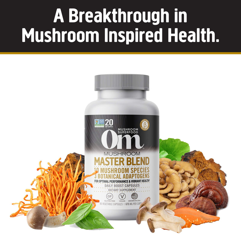 Om Mushroom Superfood Master Blend Mushroom Capsules Supplement, 80 Count, 20 Servings, 10 Mushroom Complex, Lions Mane, Chaga, Cordyceps, Reishi Extract Adaptogens for Vibrant Health, Immune Support Master Blend Capsules 80 Count (Pack of 1) - NewNest Australia