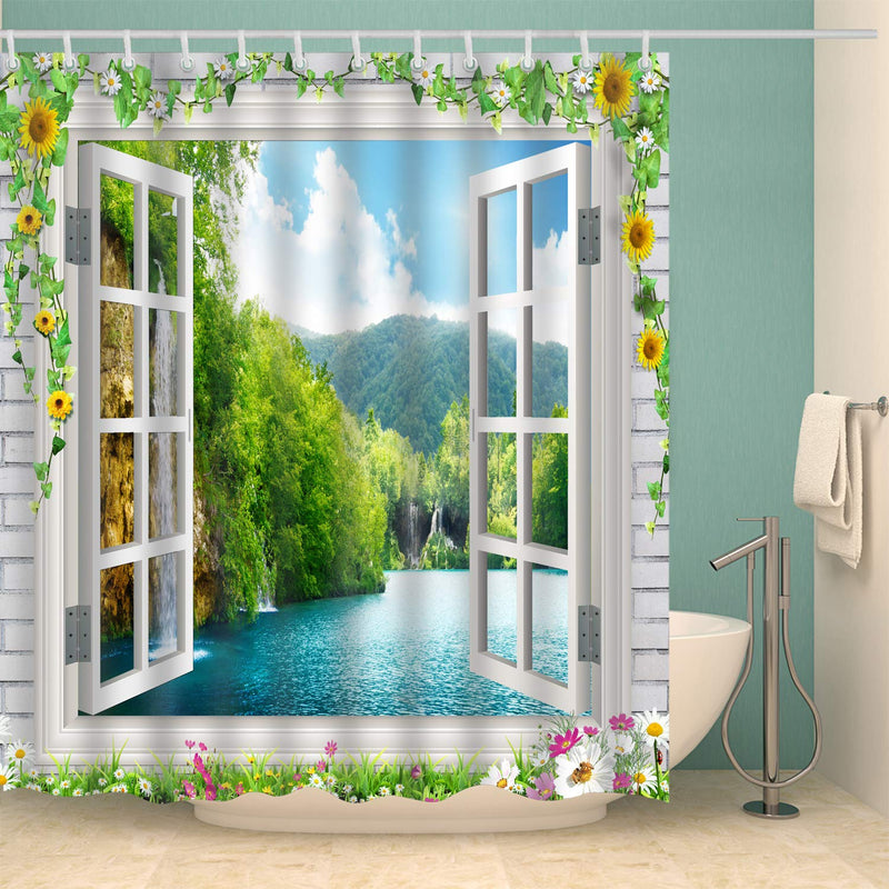 Dodou 3D Sun Flower Window Beach Shower Curtain Waterfall Landscape Scenery Waterproof Fabric Polyester Set with Hooks (72''Wx72''H) 72''Wx72''H - NewNest Australia