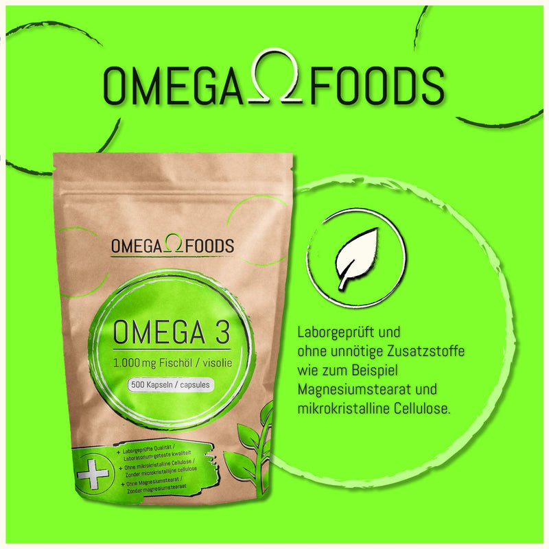 Omega 3 fish oil capsules - 500 capsules, high dosage in special quality - 1000mg Omega3 fatty acids per capsule in a 500-pack - NewNest Australia