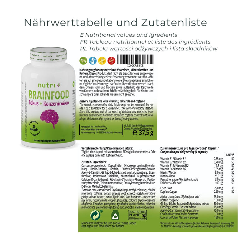 Concentration Tablets - Brain Booster - Brain Focus Performance Memory - Learning Aid Capsules High Dose - Supplement With Caffeine, Choline, Ginseng - Nutri-Plus Brainfood Vegan - NewNest Australia