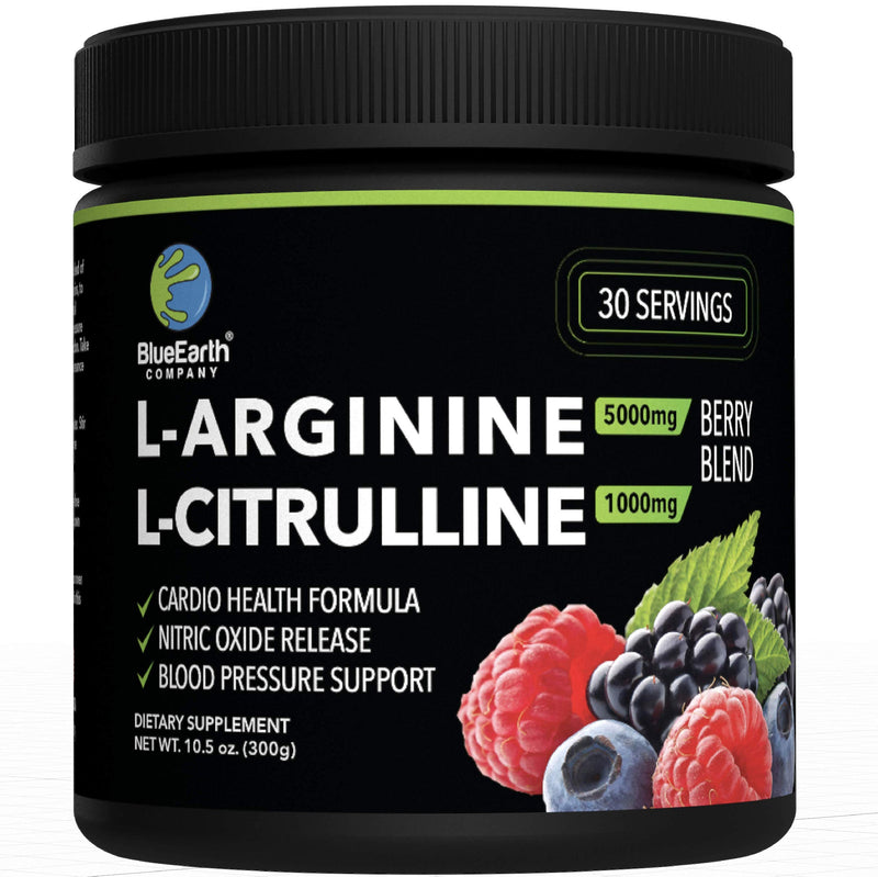 L-Arginine 5000mg + L-Citrulline 1000mg Complex Powder Supplement - Nitric Oxide Booster - Blood Pressure Support - Berry Flavored - 300g - BlueEarth Company - NewNest Australia