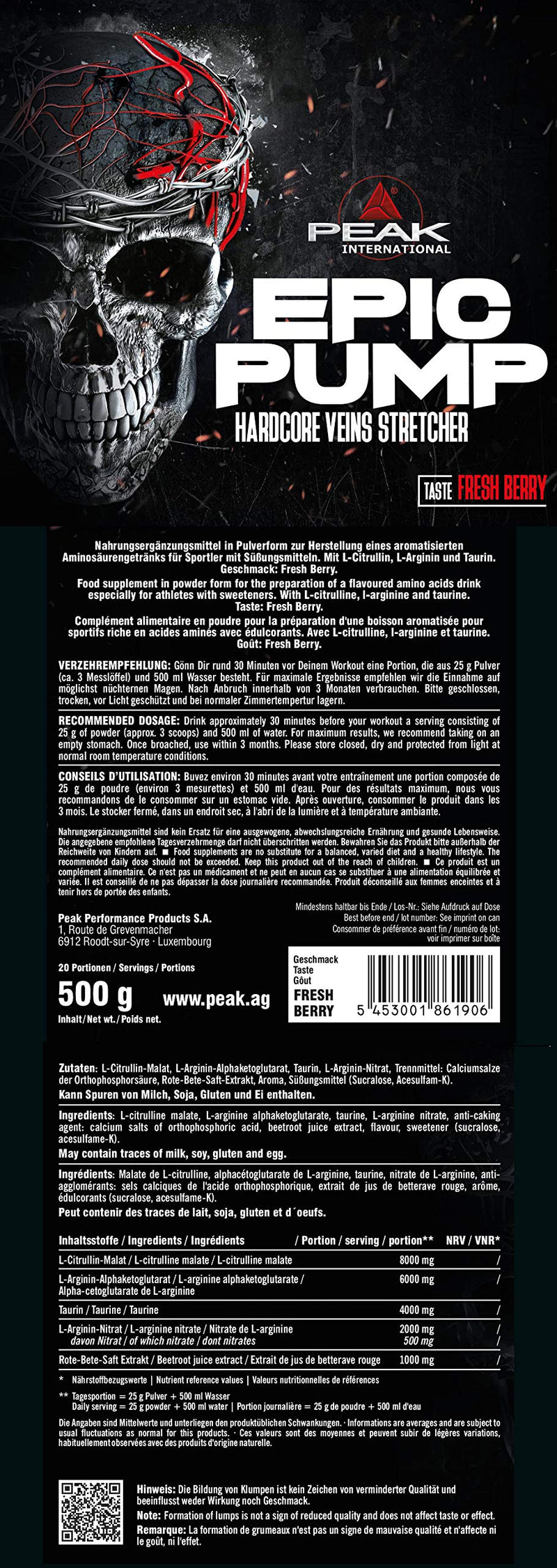 PEAK Epic Pump - 500g I 20 portions I Pre Workout Booster I without stimulants I L-Citrulline Malate I L-Arginine AKG/Nitrate I Taurine I vegan (Fresh Berry) Fresh Berry - NewNest Australia