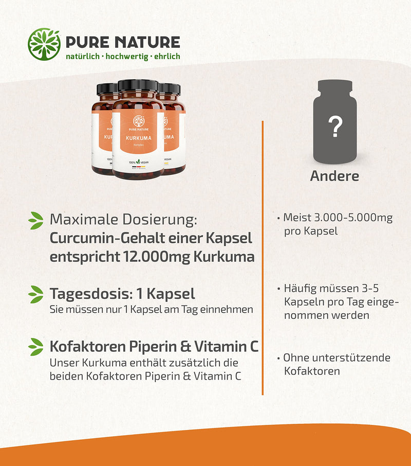 Pure Nature Turmeric Capsules Complex HIGH DOSE [1 capsule/day I 12,000 mg Curcuma] - Curcuma Capsules High Dose with Vitamin C & Piperine - 90 Turmeric Capsules - Made in Germany - NewNest Australia